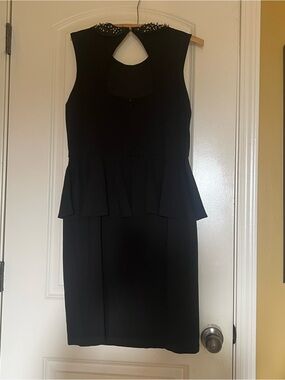 R&M Richards Black Peplum Sheath Dress with Embellished Collar